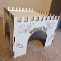 Animal Castle is suitable for Rabbits,  This Castle is personalised with your Animal's name on the Front and side.