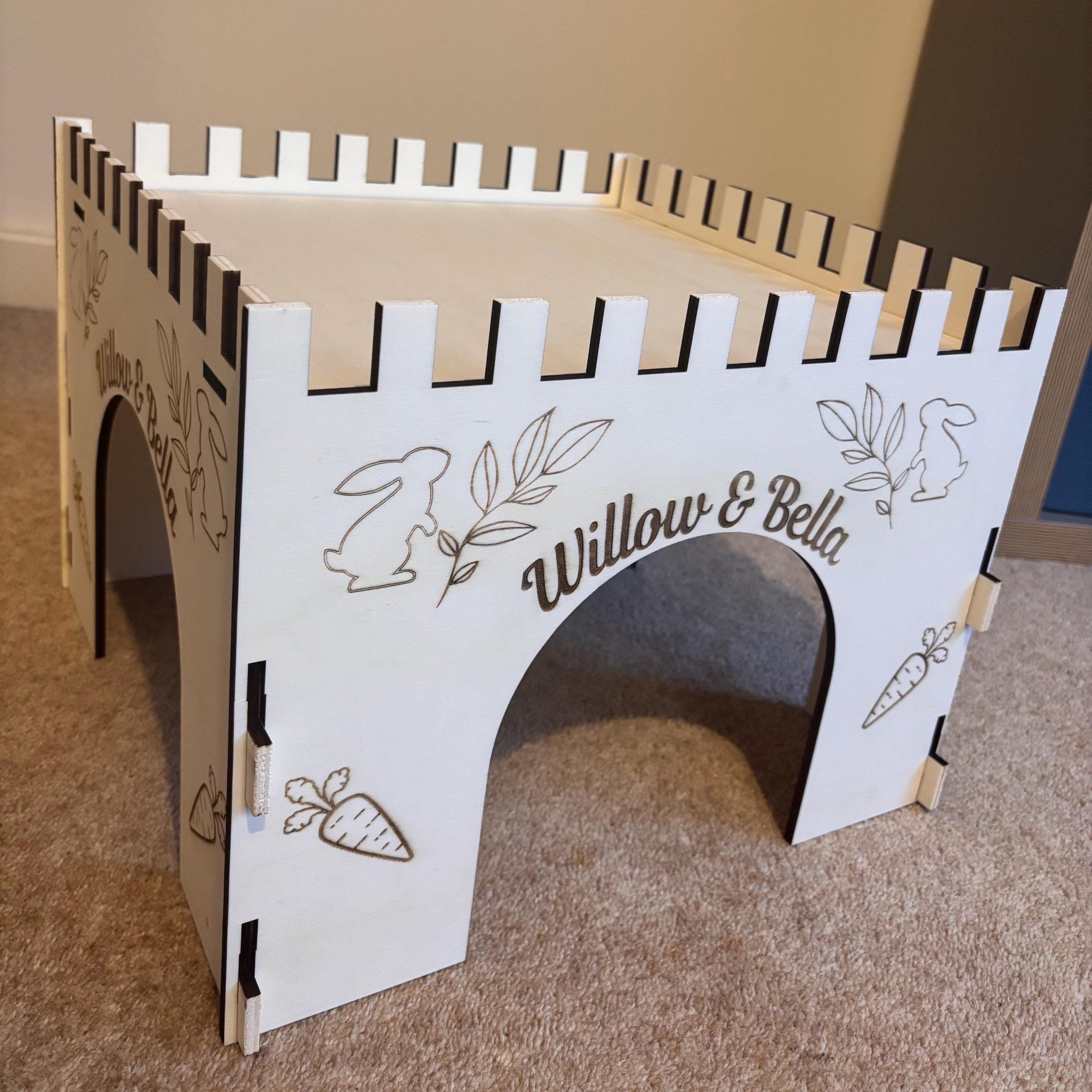 Animal Castle is suitable for Rabbits,  This Castle is personalised with your Animal's name on the Front and side.