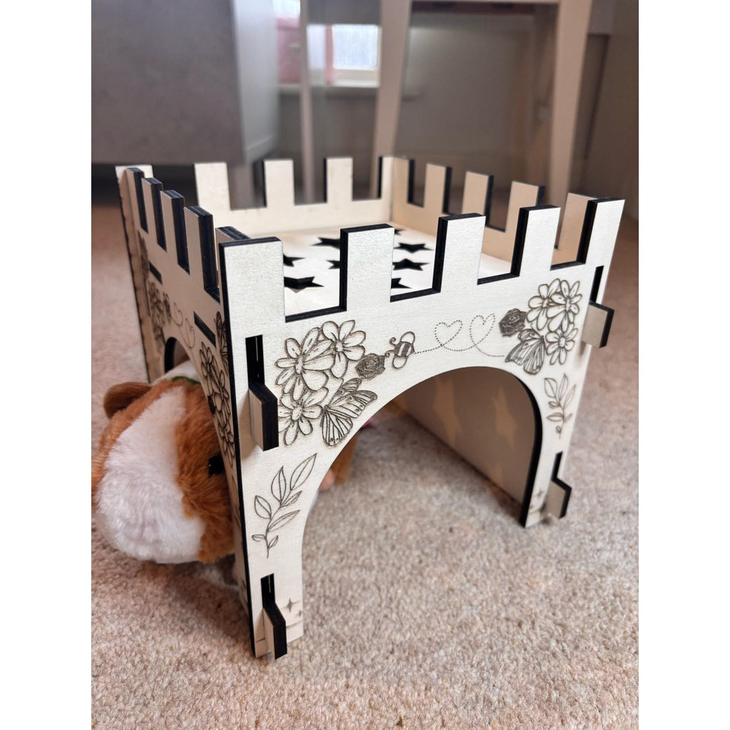 Small Animal Castle suitable for Guinea Pigs and Hamsters,  This Castle is personalised flowers on three sides of the turret