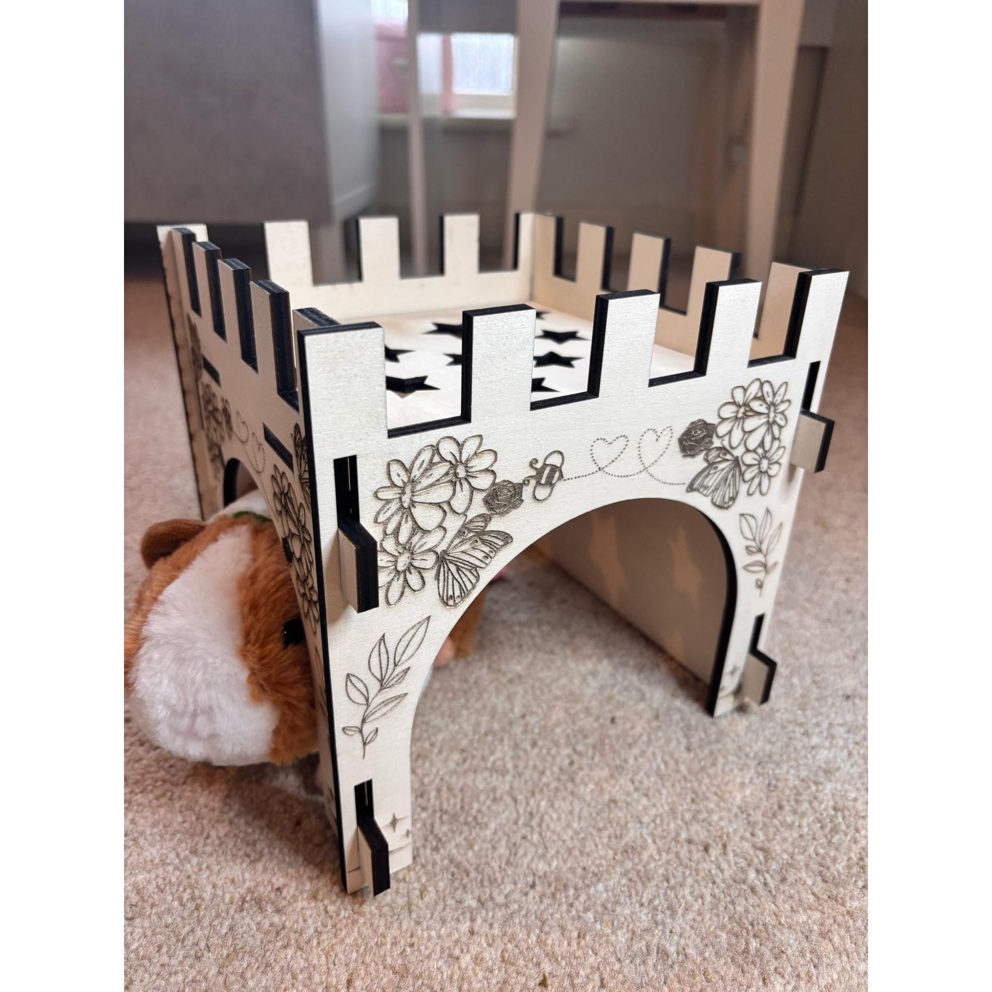Small Animal Castle suitable for Guinea Pigs and Hamsters,  This Castle is personalised flowers on three sides of the turret