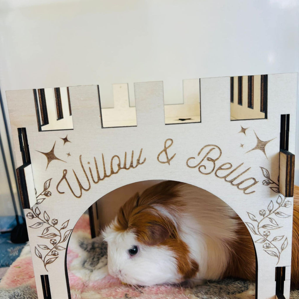 Small Animal Castle suitable for Guinea Pigs and Hamsters,  This Castle is personalised with your Animals name on the Front and side.