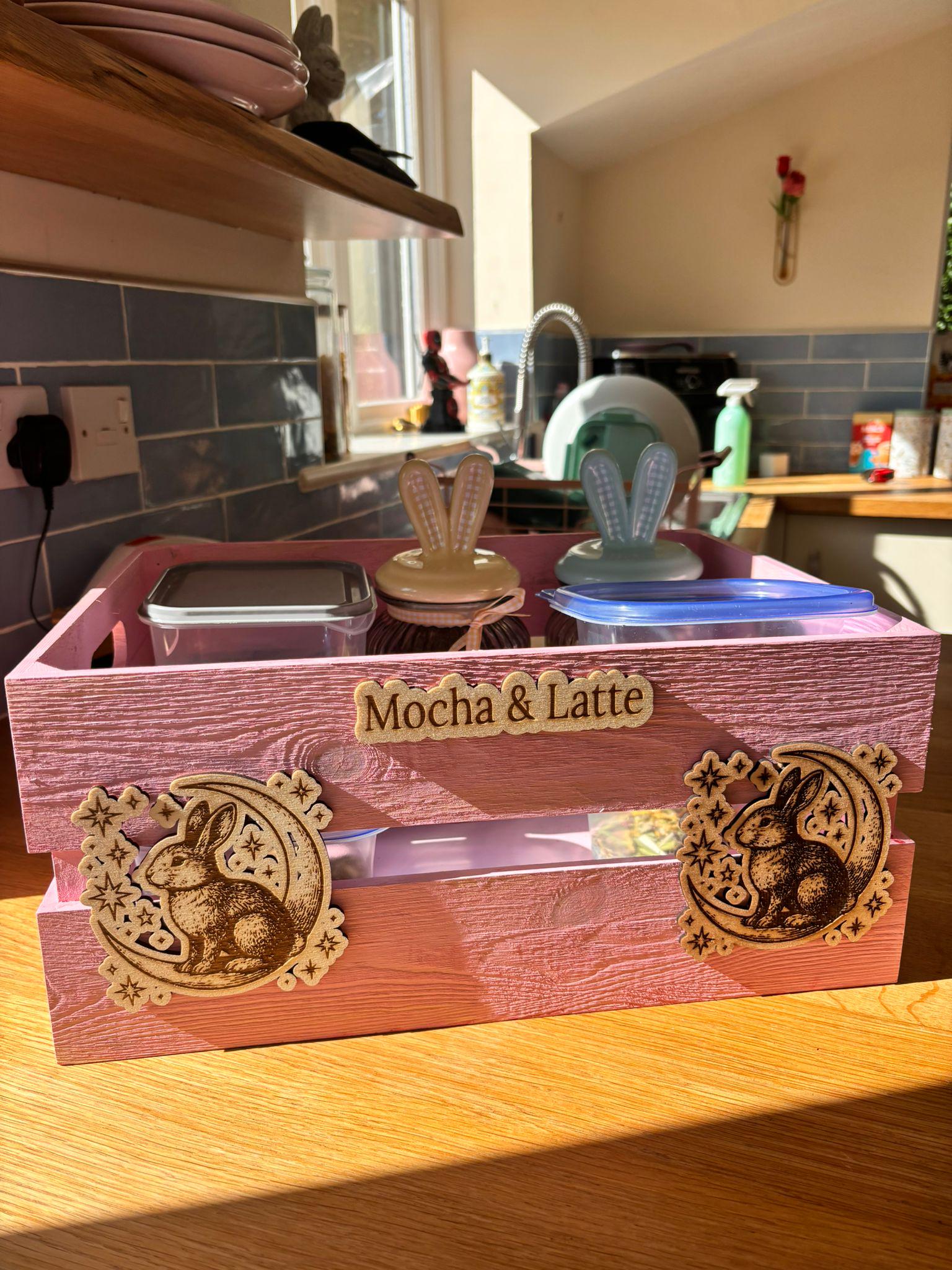 Personalized Pink Rabbit Toy Storage Crate, Engraved Wooden Pet Box