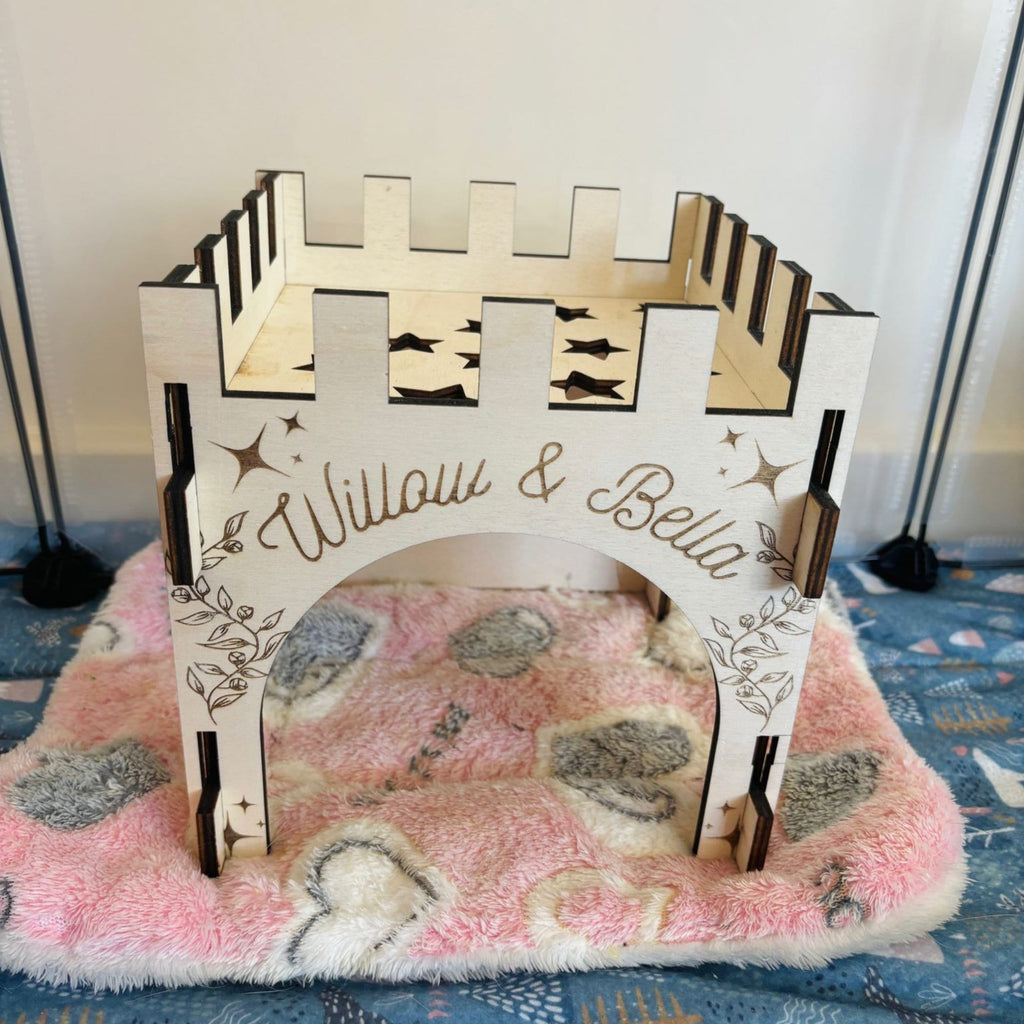 Small Animal Castle suitable for Guinea Pigs and Hamsters,  This Castle is personalised with your Animals name on the Front and side.