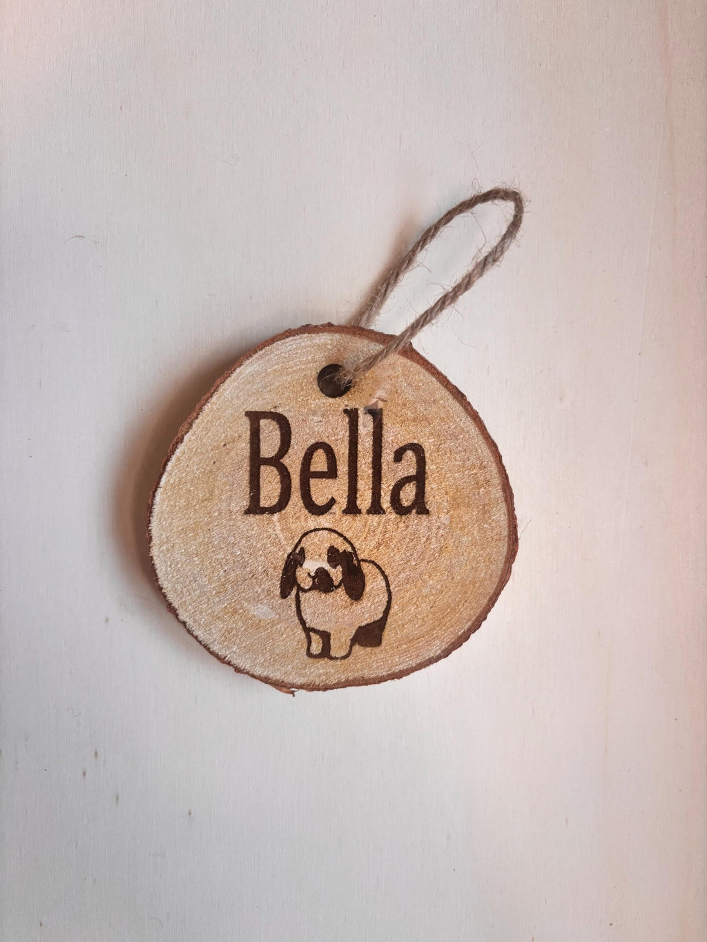 Wood log slice name sign for Rabbit Cage name sign