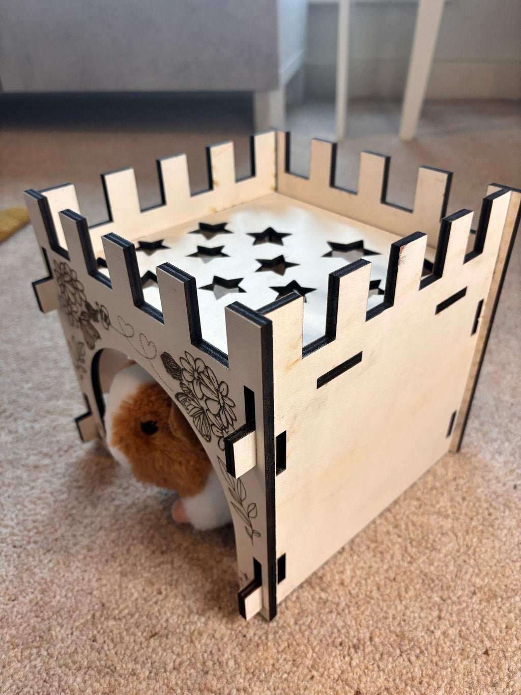 Small Animal Castle suitable for Guinea Pigs and Hamsters,  This Castle is personalised flowers on three sides of the turret