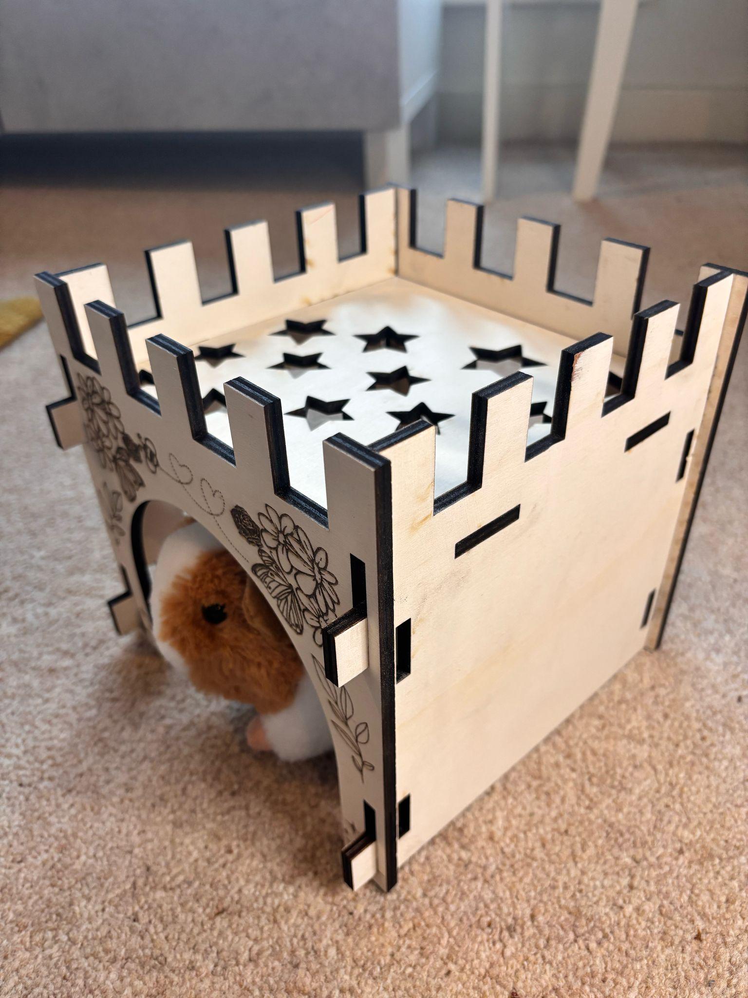 Small Animal Castle suitable for Guinea Pigs and Hamsters,  This Castle is personalised flowers on three sides of the turret