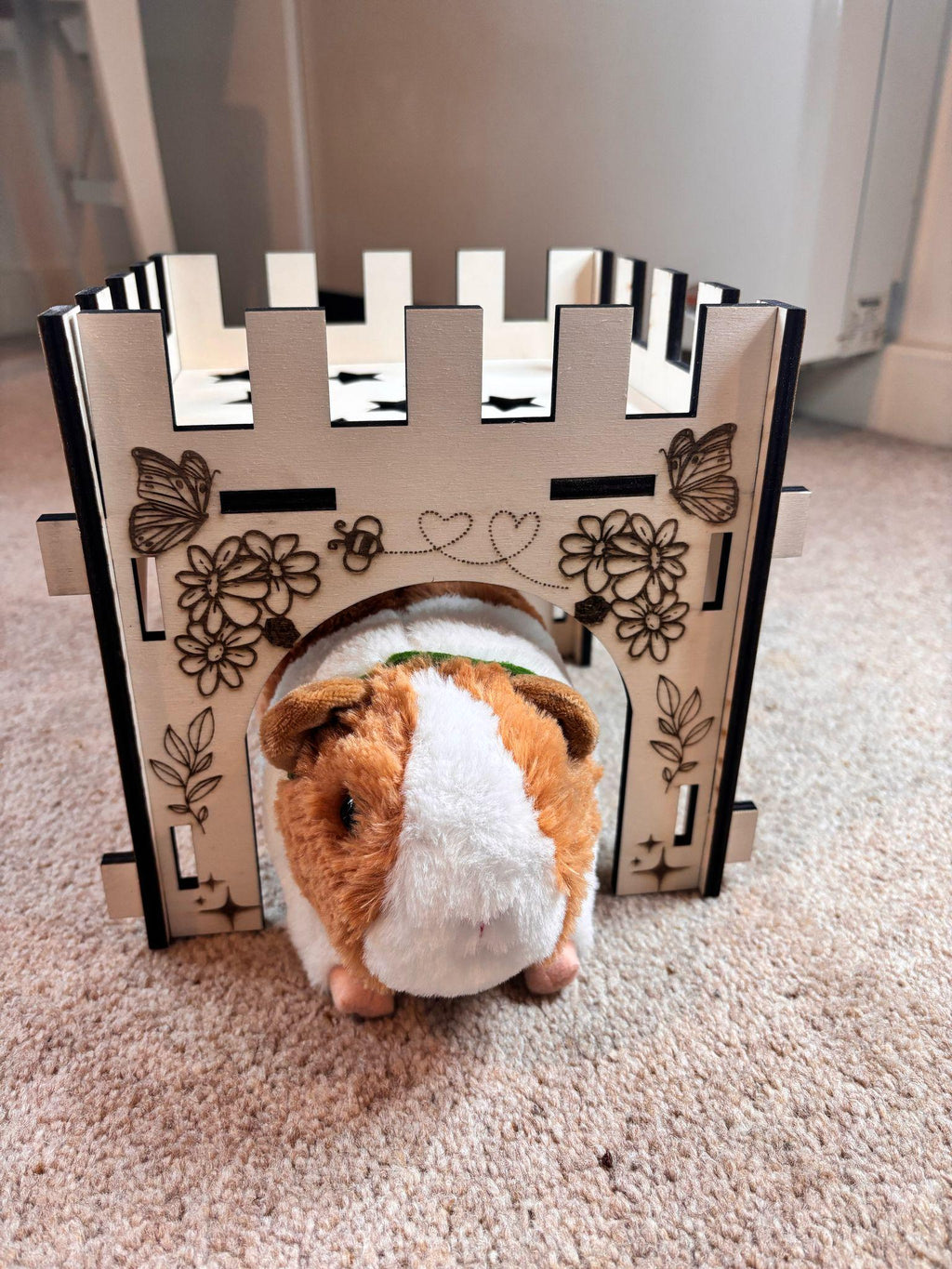 Small Animal Castle suitable for Guinea Pigs and Hamsters,  This Castle is personalised flowers on three sides of the turret