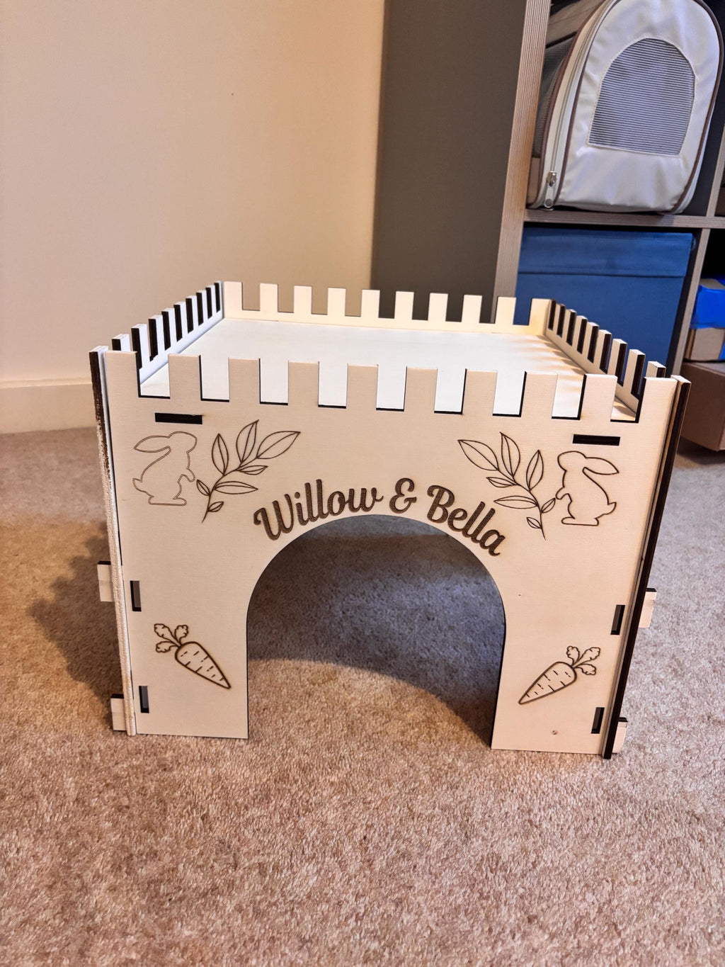 Animal Castle is suitable for Rabbits,  This Castle is personalised with your Animal's name on the Front and side.