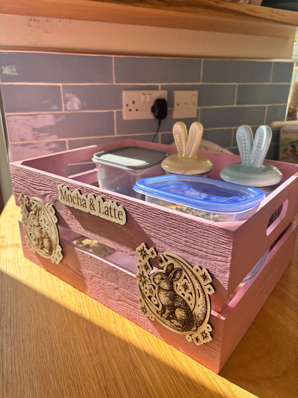 Personalized Pink Rabbit Toy Storage Crate, Engraved Wooden Pet Box