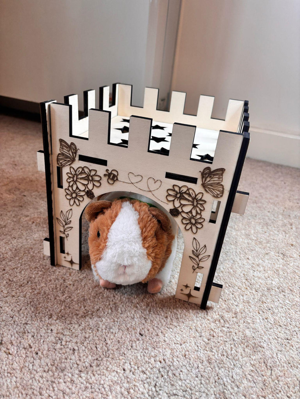 Small Animal Castle suitable for Guinea Pigs and Hamsters,  This Castle is personalised flowers on three sides of the turret