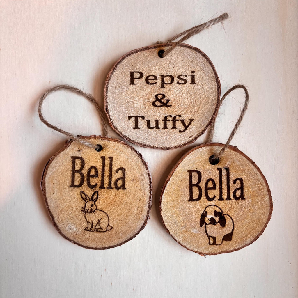 Wood log slice name sign for Rabbit Cage name sign