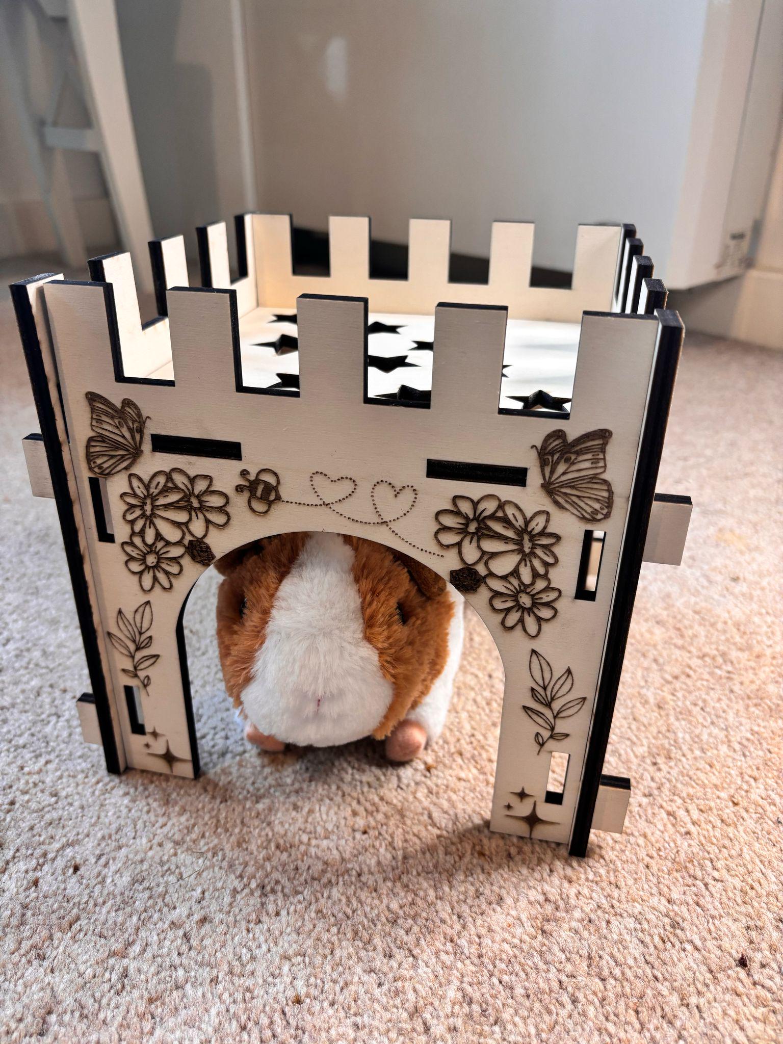 Small Animal Castle suitable for Guinea Pigs and Hamsters,  This Castle is personalised flowers on three sides of the turret