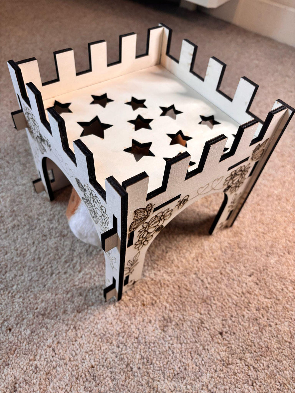 Small Animal Castle suitable for Guinea Pigs and Hamsters,  This Castle is personalised flowers on three sides of the turret