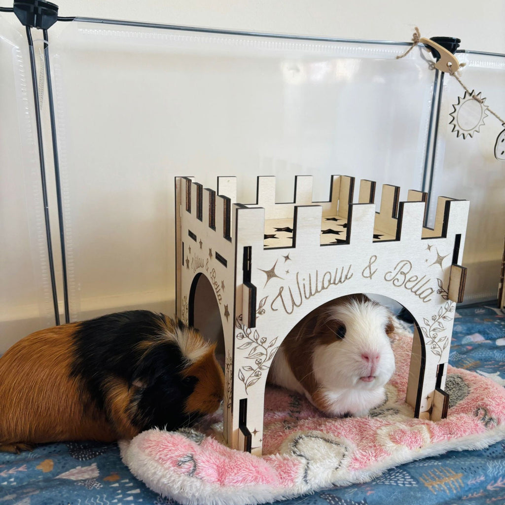 Small Animal Castle suitable for Guinea Pigs and Hamsters,  This Castle is personalised with your Animals name on the Front and side.