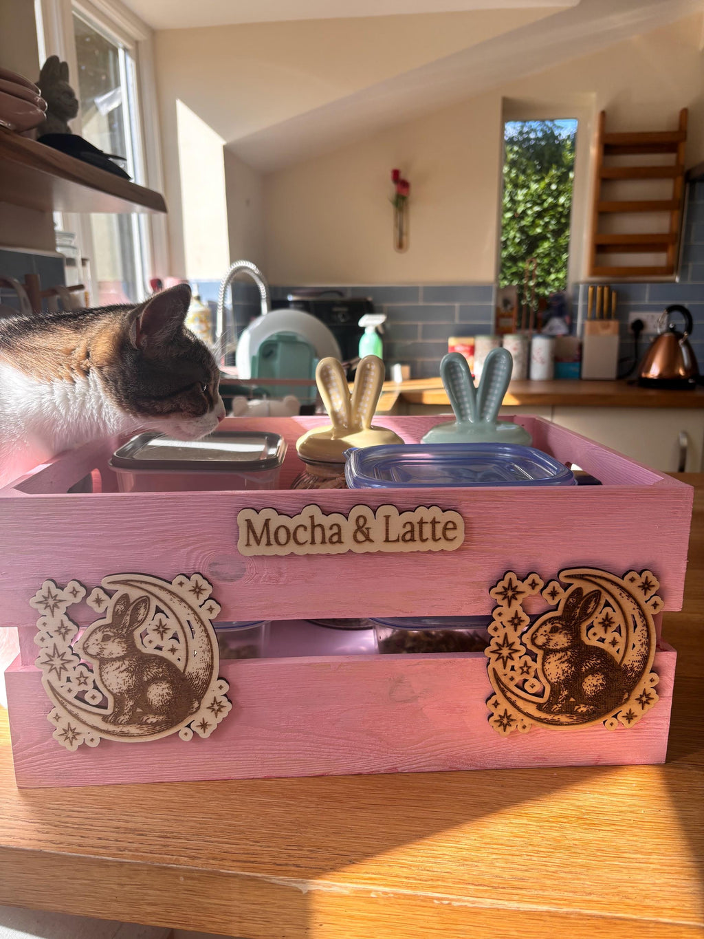 Personalized Pink Rabbit Toy Storage Crate, Engraved Wooden Pet Box