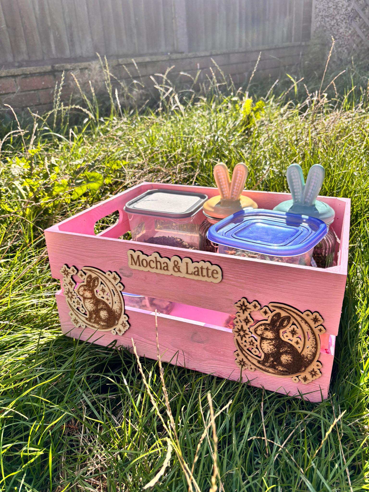 Personalized Pink Rabbit Toy Storage Crate, Engraved Wooden Pet Box