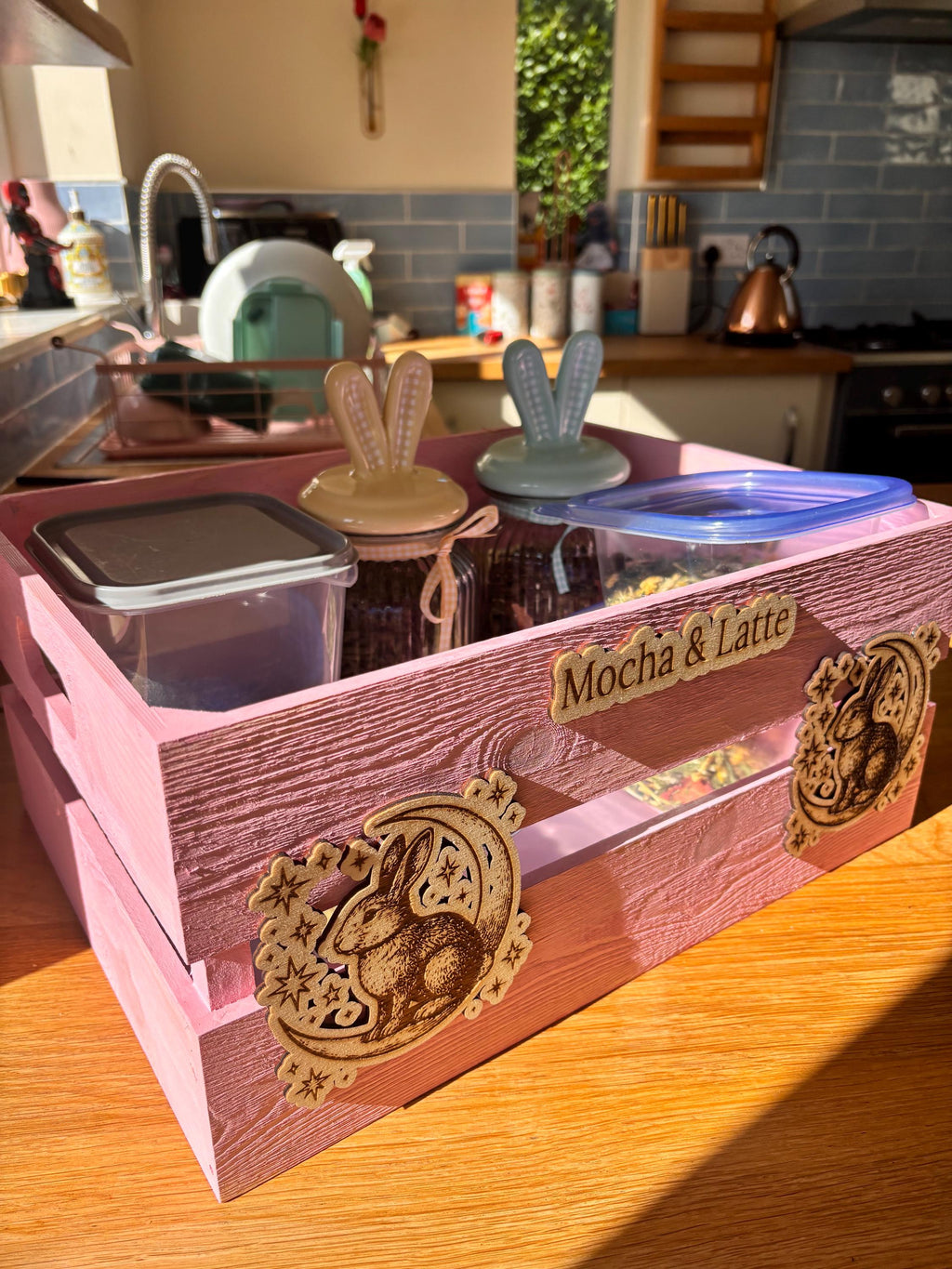 Personalized Pink Rabbit Toy Storage Crate, Engraved Wooden Pet Box